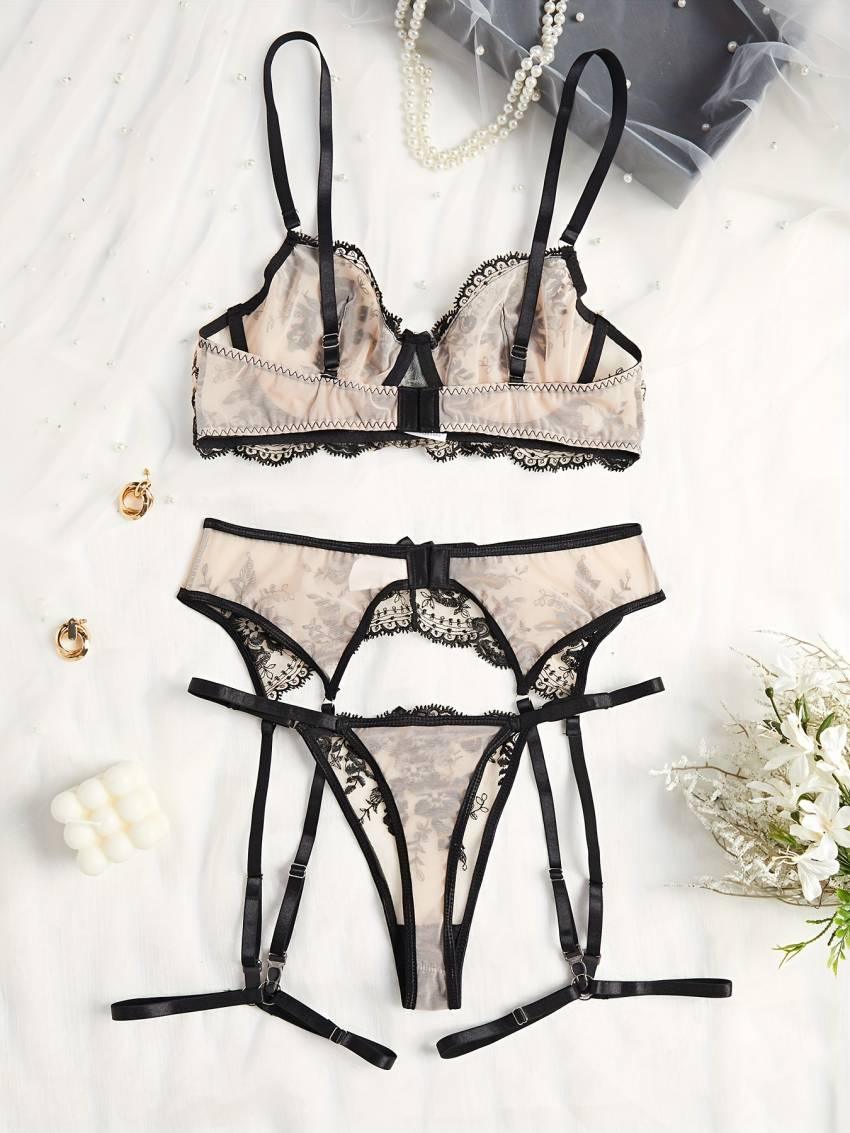 Exquisite Floral Embroidery Lingerie Set - Semi-Sheer, Bow-Adorned, Bra, Thong, and Garter Belt - Women's Sexy Intimates for a Sultry Night In - Image 2