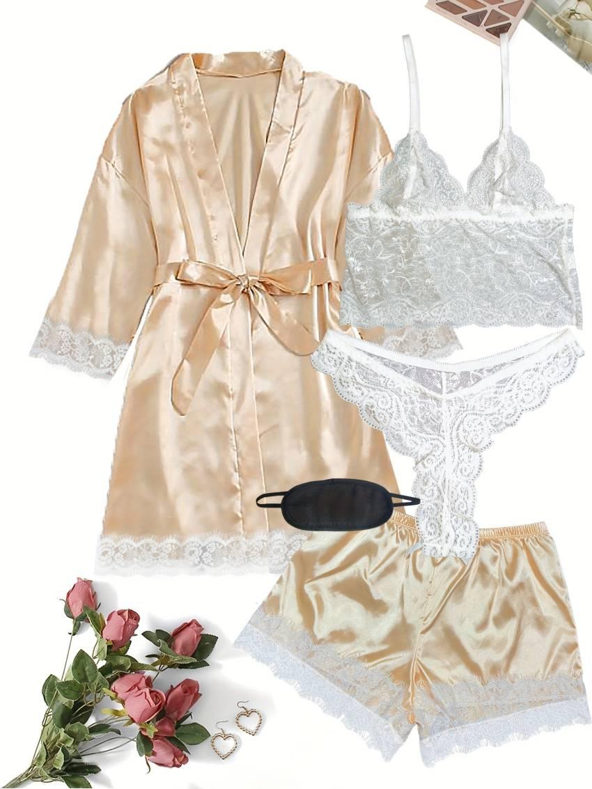 Luxurious Floral Lace Satin Lounge Set - Soft & Stylish Robe with Belt, V-Neck Cami, Thongs & Shorts - Womens Comfy Sleepwear for Chic Nighttime Glamour - Image 53