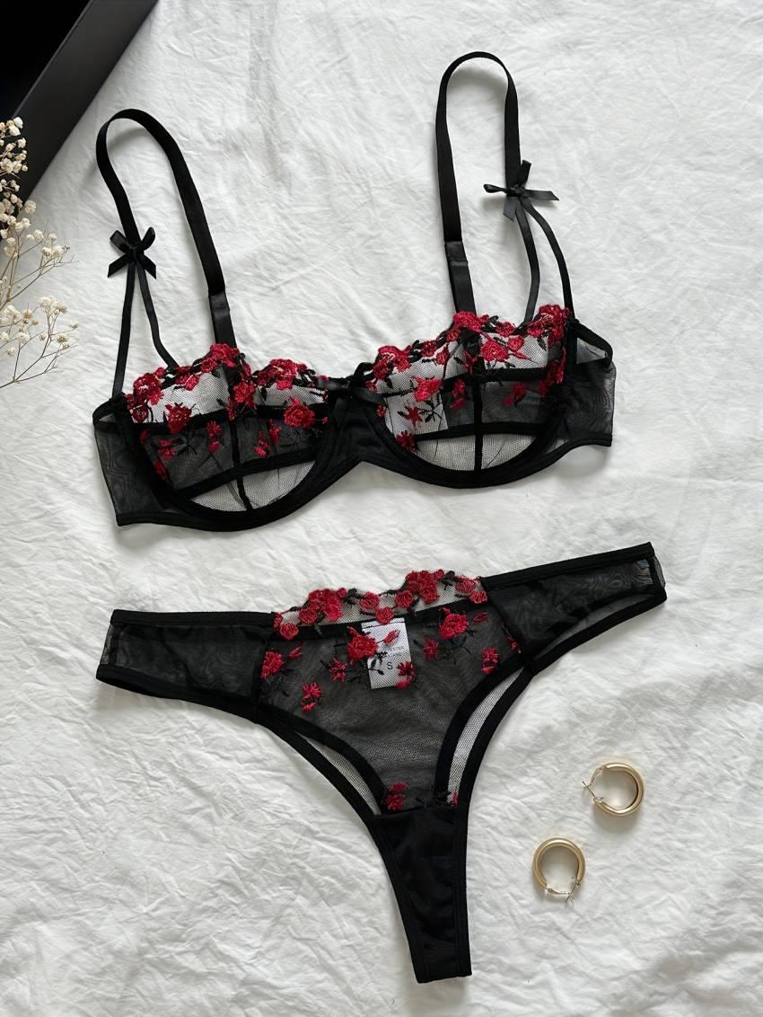 Floral Embroidery Lingerie Set, Mesh Unlined Bra & Mesh Panty, Women's Sexy Lingerie & Underwear - Image 3