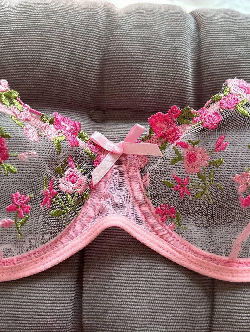 Floral Embroidery Lingerie Set, Mesh Unlined Bra & Mesh Panty, Women's Sexy Lingerie & Underwear - Image 8