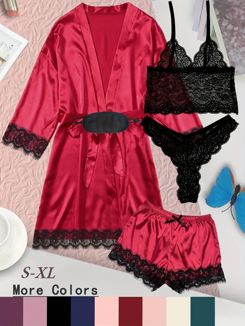 Luxurious Floral Lace Satin Lounge Set - Soft & Stylish Robe with Belt, V-Neck Cami, Thongs & Shorts - Womens Comfy Sleepwear for Chic Nighttime Glamour - Image 7