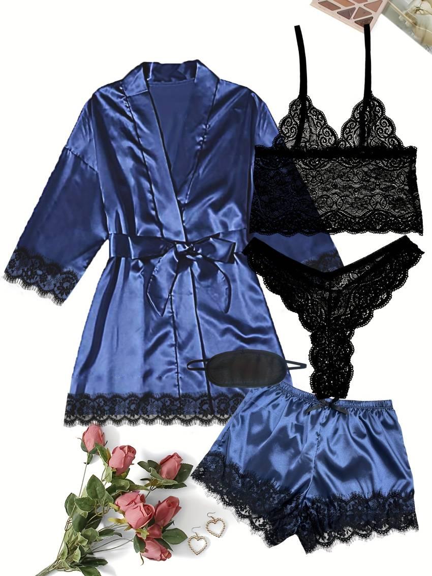 Luxurious Floral Lace Satin Lounge Set - Soft & Stylish Robe with Belt, V-Neck Cami, Thongs & Shorts - Womens Comfy Sleepwear for Chic Nighttime Glamour - Image 38