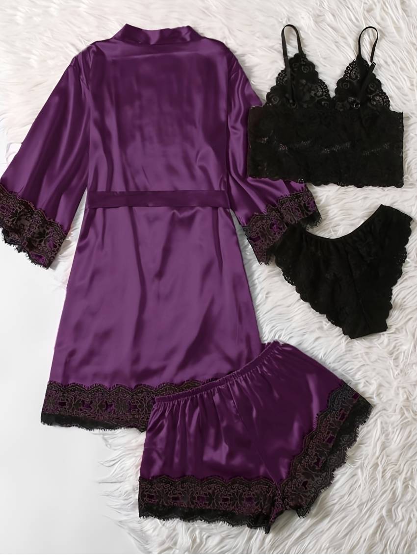 Three Quarter Sleeve Satin Elegant Lounge Set, Contrast Lace Robe With Belt, Cami Bra, Panty, and Elastic Shorts, Women's Loungewear - Image 18