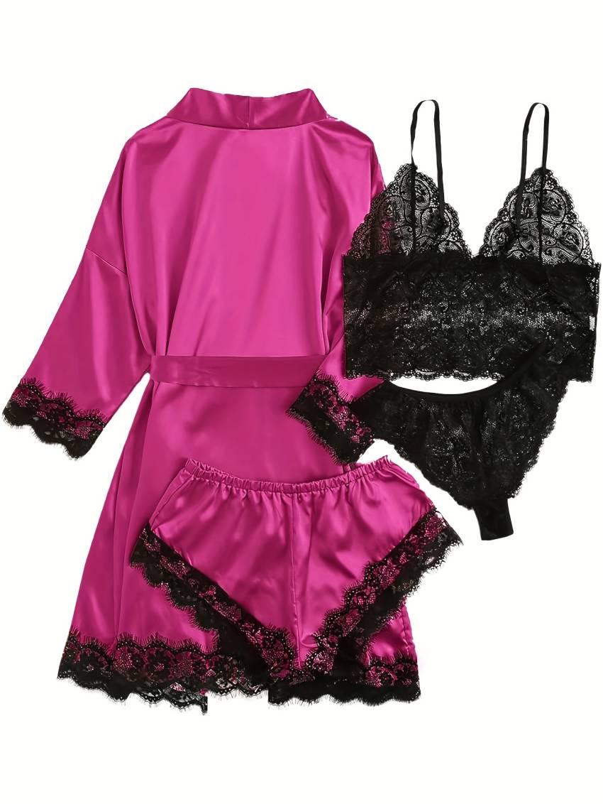 Three Quarter Sleeve Satin Elegant Lounge Set, Contrast Lace Robe With Belt, Cami Bra, Panty, and Elastic Shorts, Women's Loungewear - Image 13