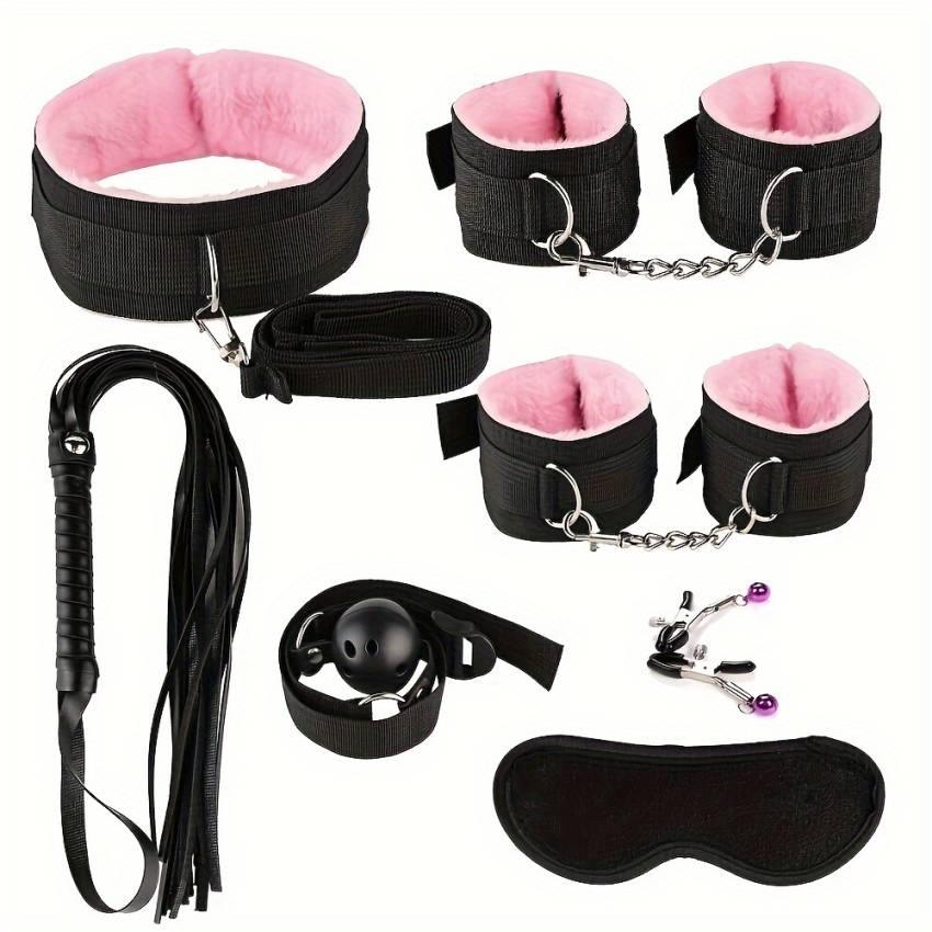 7pcs BDSM Bondage Couple Sex Handcuff Mouth Gag Nipple Clamp Whip Sexy Nylon Plush Adult Products Alternative Bundled Couple Flirting Adult Supplies - Image 6