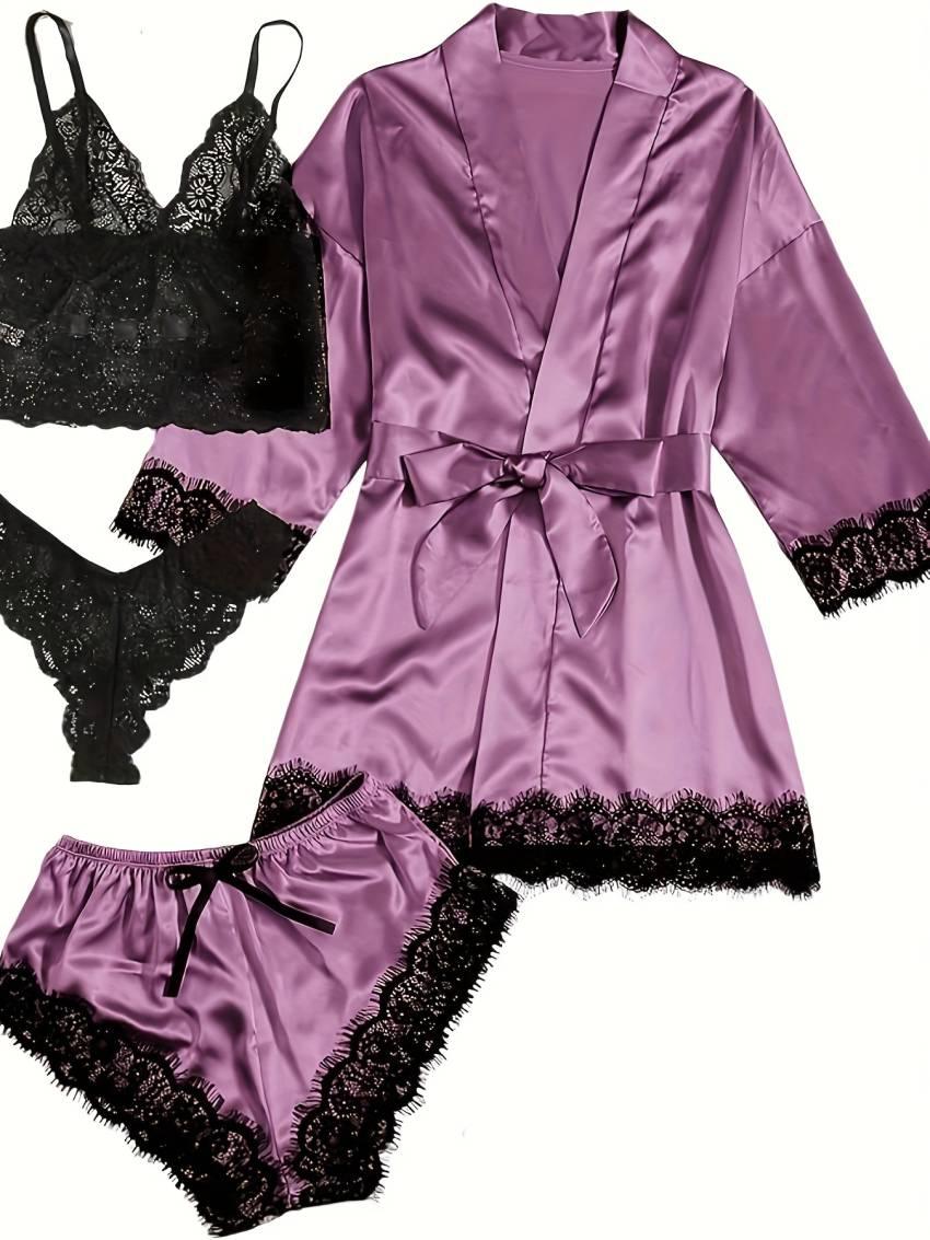 Three Quarter Sleeve Satin Elegant Lounge Set, Contrast Lace Robe With Belt, Cami Bra, Panty, and Elastic Shorts, Women's Loungewear