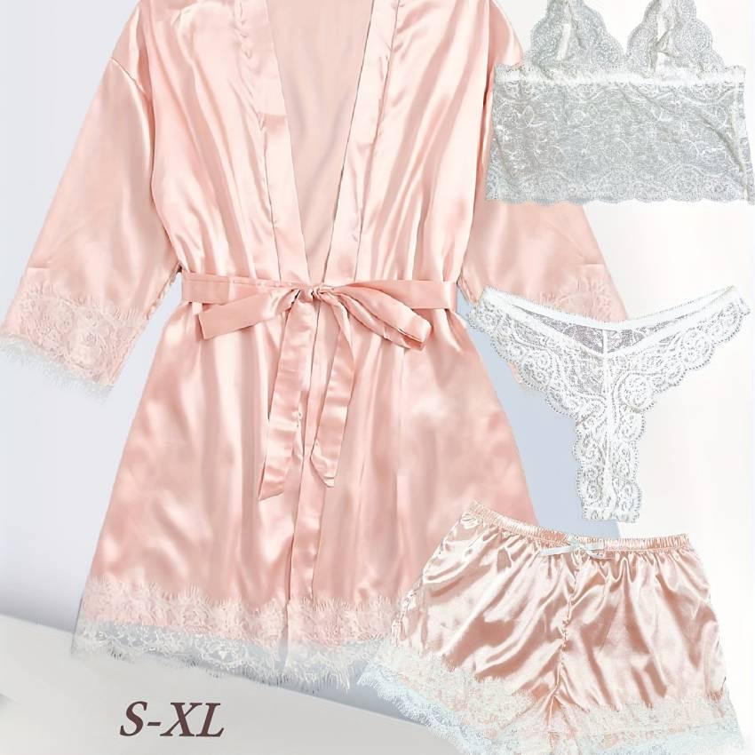 Luxurious Floral Lace Satin Lounge Set - Soft & Stylish Robe with Belt, V-Neck Cami, Thongs & Shorts - Womens Comfy Sleepwear for Chic Nighttime Glamour - Image 64