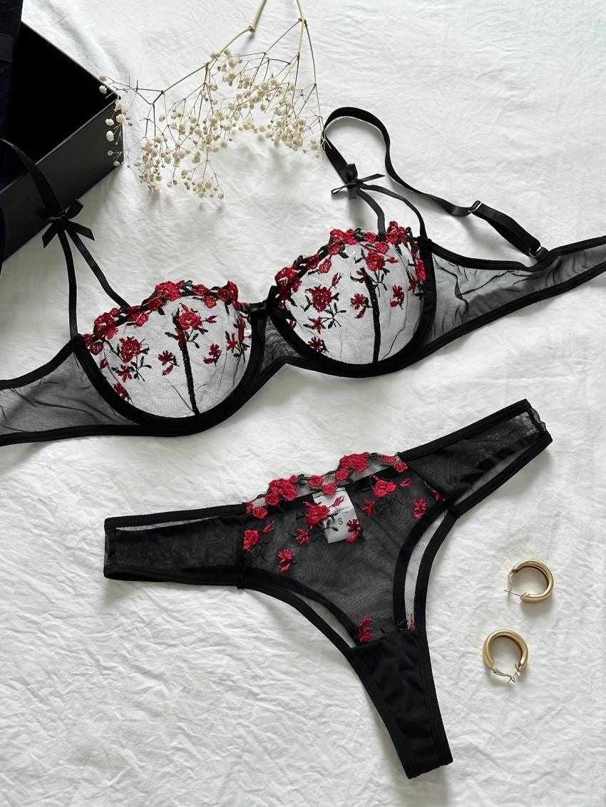 Floral Embroidery Lingerie Set, Mesh Unlined Bra & Mesh Panty, Women's Sexy Lingerie & Underwear