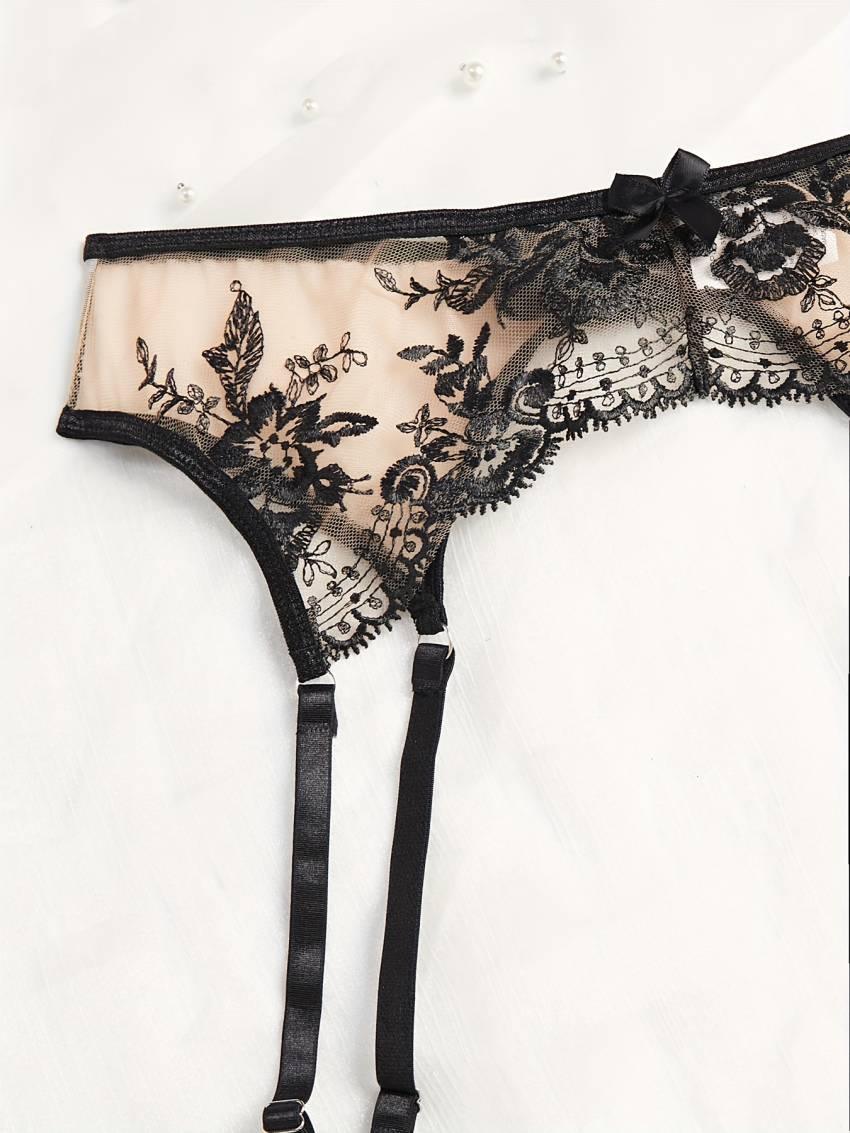 Exquisite Floral Embroidery Lingerie Set - Semi-Sheer, Bow-Adorned, Bra, Thong, and Garter Belt - Women's Sexy Intimates for a Sultry Night In - Image 5