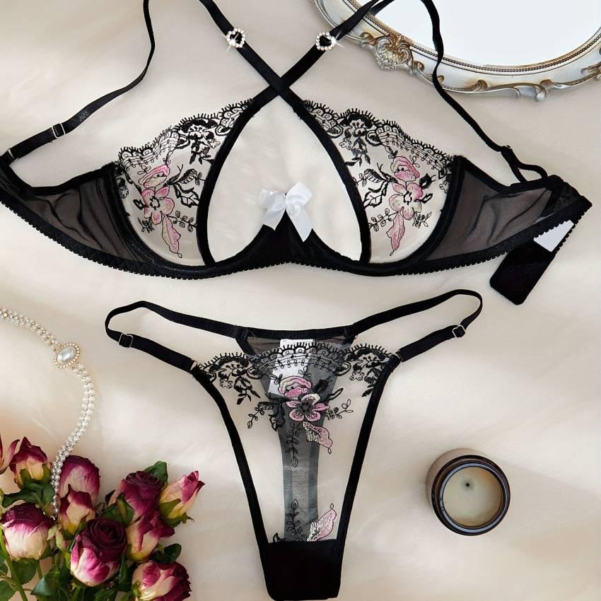 Sexy Lace Bra and Panty Set with Embroidery - Image 6