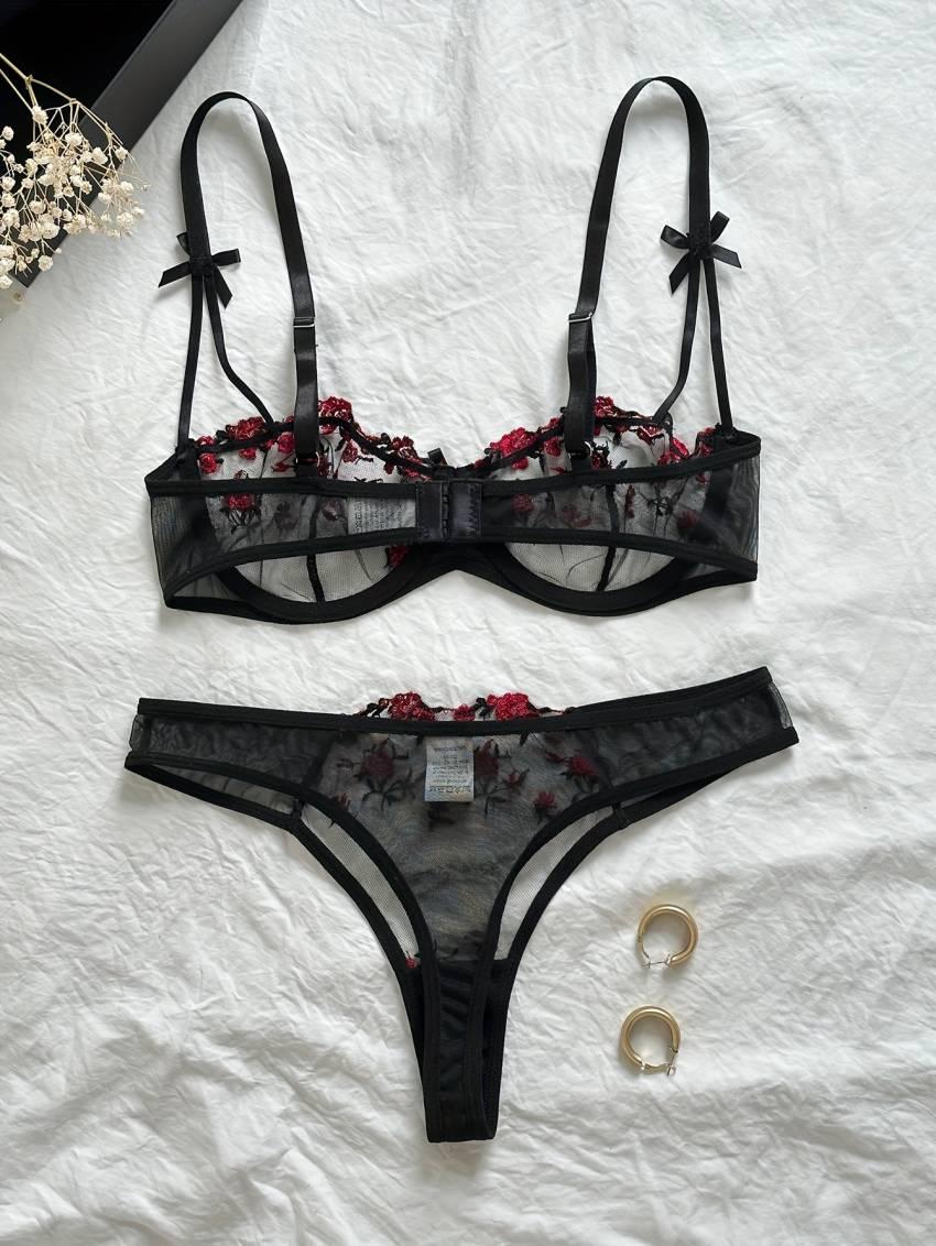 Floral Embroidery Lingerie Set, Mesh Unlined Bra & Mesh Panty, Women's Sexy Lingerie & Underwear - Image 2