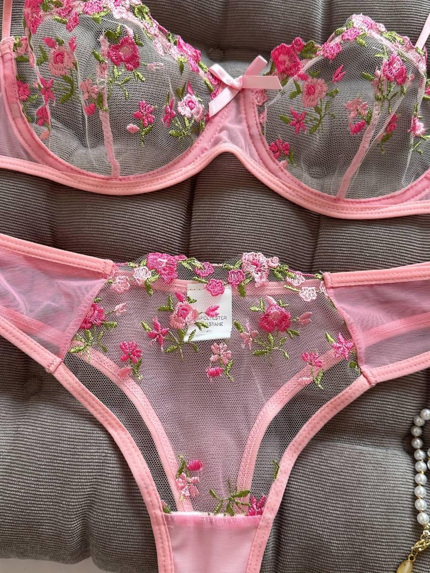 Floral Embroidery Lingerie Set, Mesh Unlined Bra & Mesh Panty, Women's Sexy Lingerie & Underwear - Image 9