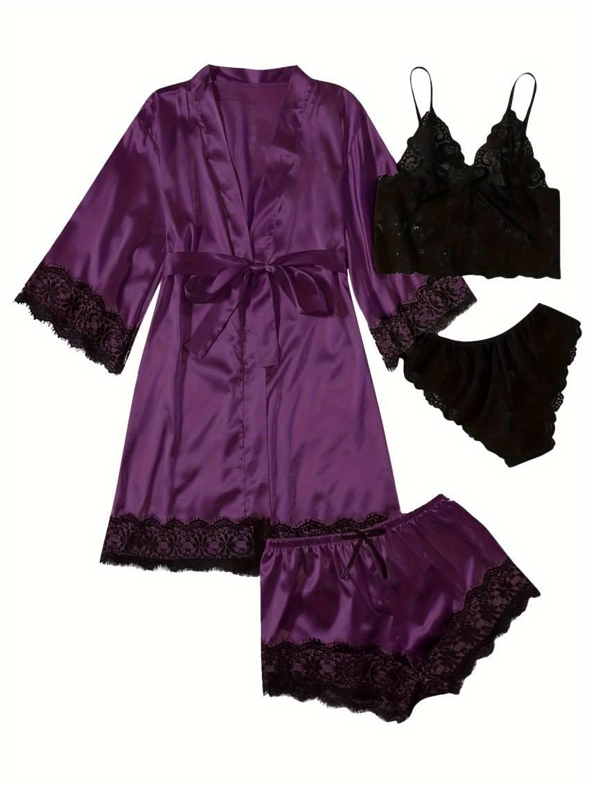 Three Quarter Sleeve Satin Elegant Lounge Set, Contrast Lace Robe With Belt, Cami Bra, Panty, and Elastic Shorts, Women's Loungewear - Image 16