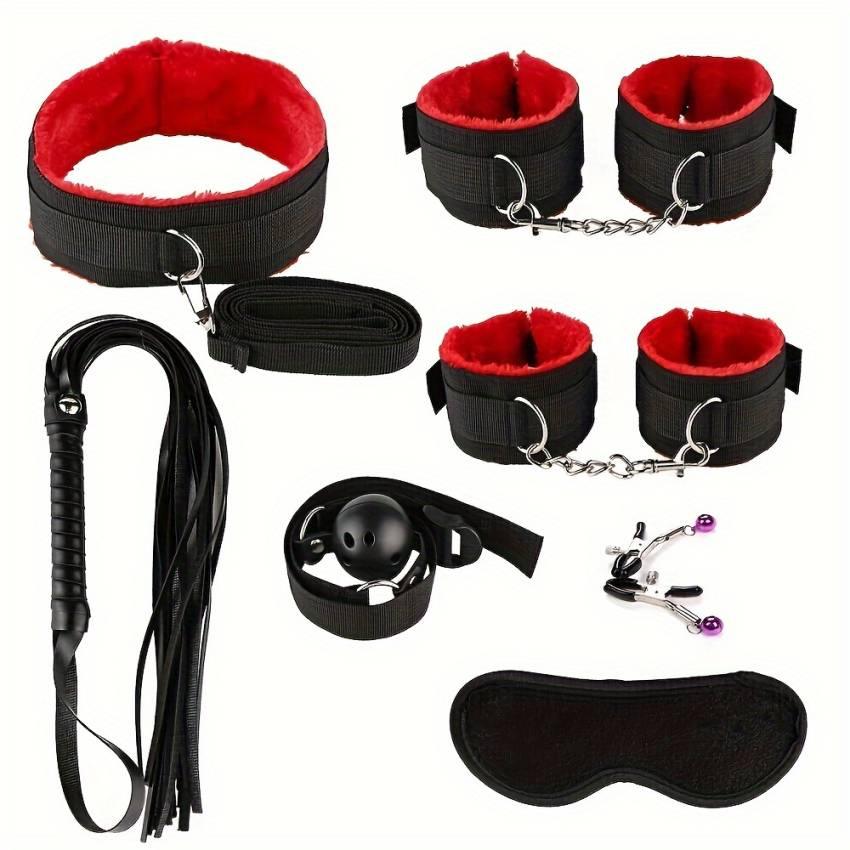 7pcs BDSM Bondage Couple Sex Handcuff Mouth Gag Nipple Clamp Whip Sexy Nylon Plush Adult Products Alternative Bundled Couple Flirting Adult Supplies