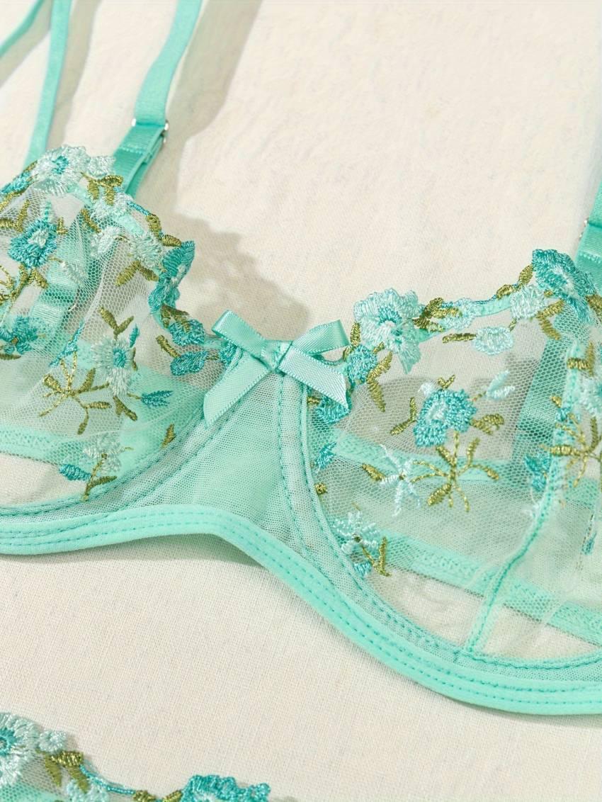 Floral Embroidery Lingerie Set, Mesh Unlined Bra & Mesh Panty, Women's Sexy Lingerie & Underwear - Image 25