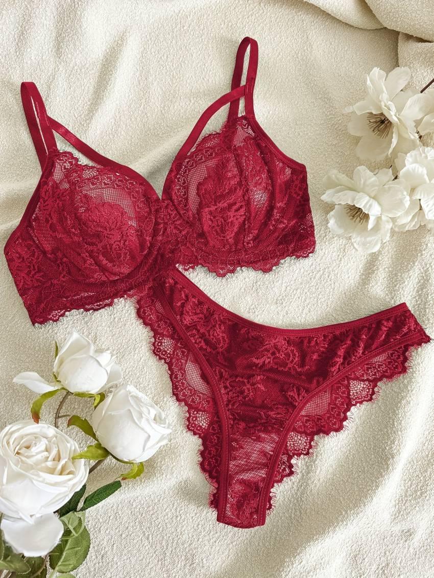 Sensual Floral Lace Lingerie Set - Semi Sheer Underwire Bra & Briefs with Eyelash Trim, Women's Elegant Intimate Apparel for Everyday Wear, Comfortable & Confident - Image 6