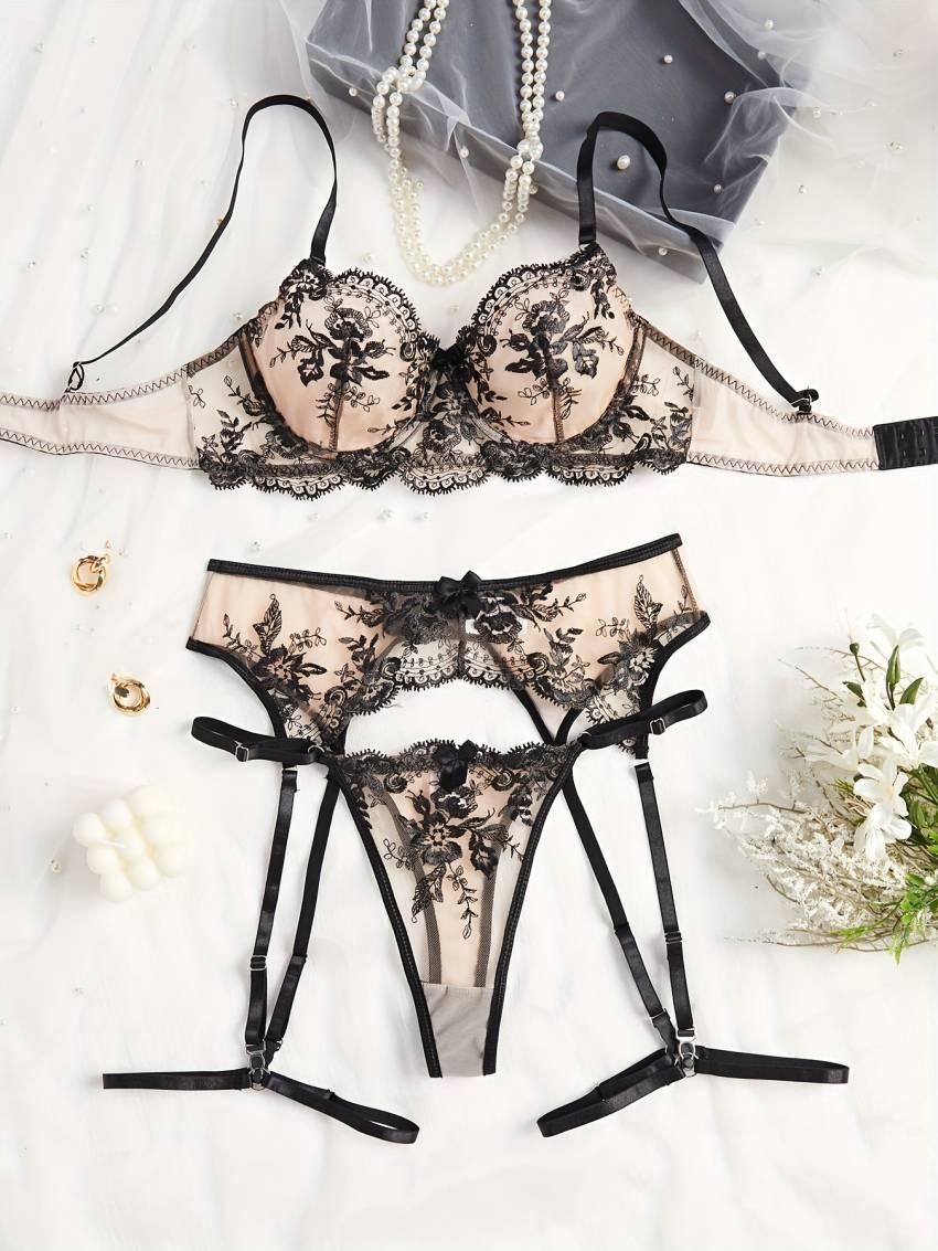 Exquisite Floral Embroidery Lingerie Set - Semi-Sheer, Bow-Adorned, Bra, Thong, and Garter Belt - Women's Sexy Intimates for a Sultry Night In - Image 3