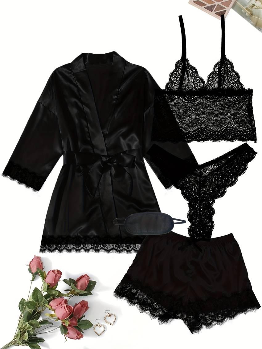 Luxurious Floral Lace Satin Lounge Set - Soft & Stylish Robe with Belt, V-Neck Cami, Thongs & Shorts - Womens Comfy Sleepwear for Chic Nighttime Glamour - Image 3