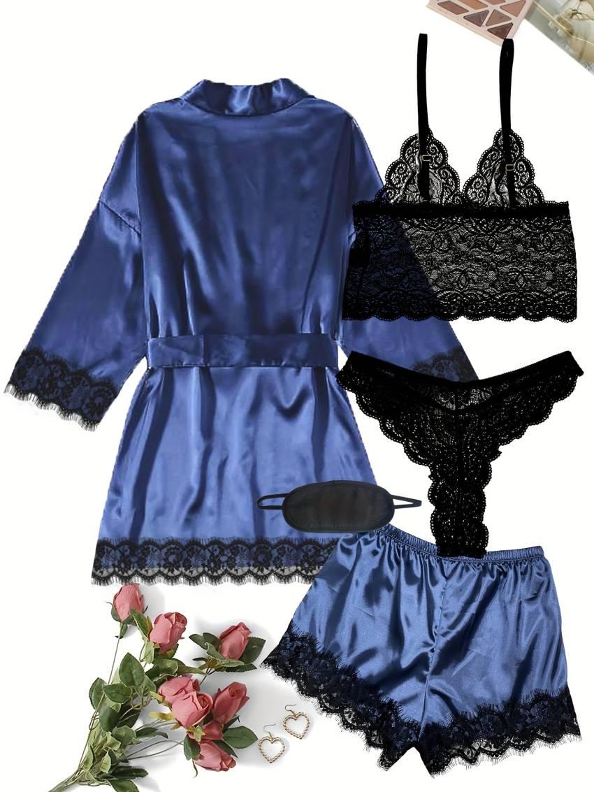 Luxurious Floral Lace Satin Lounge Set - Soft & Stylish Robe with Belt, V-Neck Cami, Thongs & Shorts - Womens Comfy Sleepwear for Chic Nighttime Glamour - Image 39