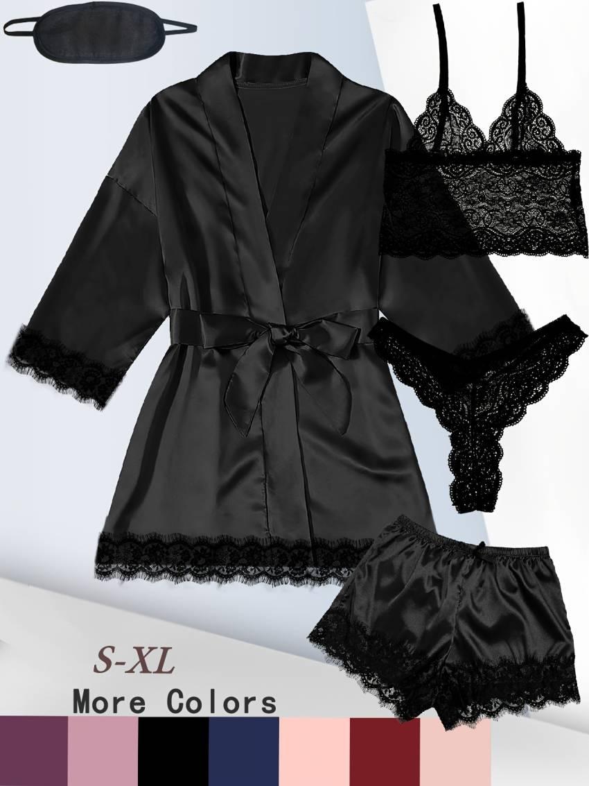 Luxurious Floral Lace Satin Lounge Set - Soft & Stylish Robe with Belt, V-Neck Cami, Thongs & Shorts - Womens Comfy Sleepwear for Chic Nighttime Glamour