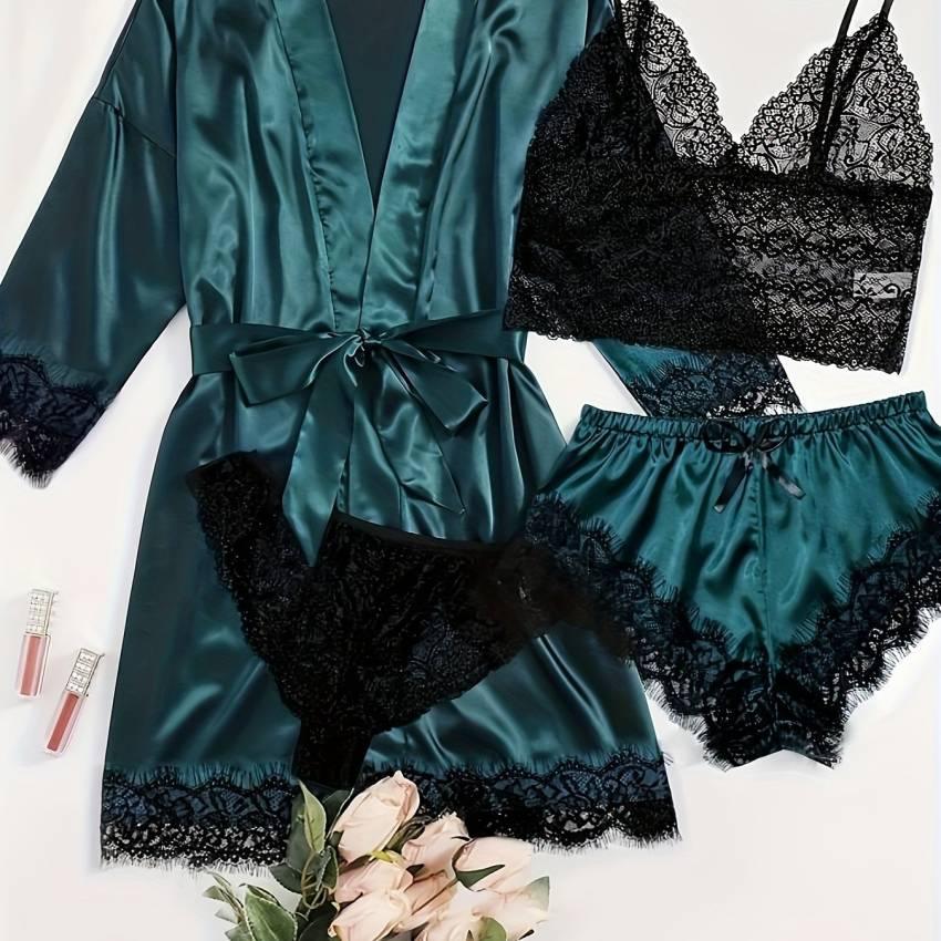 Three Quarter Sleeve Satin Elegant Lounge Set, Contrast Lace Robe With Belt, Cami Bra, Panty, and Elastic Shorts, Women's Loungewear - Image 43