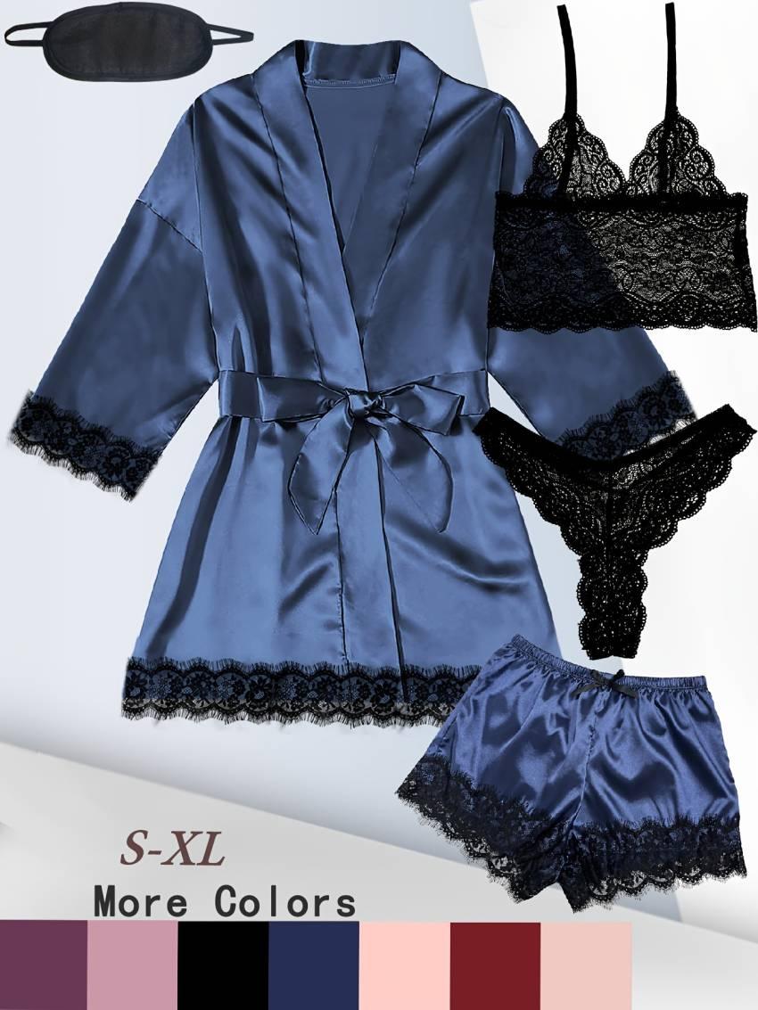 Luxurious Floral Lace Satin Lounge Set - Soft & Stylish Robe with Belt, V-Neck Cami, Thongs & Shorts - Womens Comfy Sleepwear for Chic Nighttime Glamour - Image 37