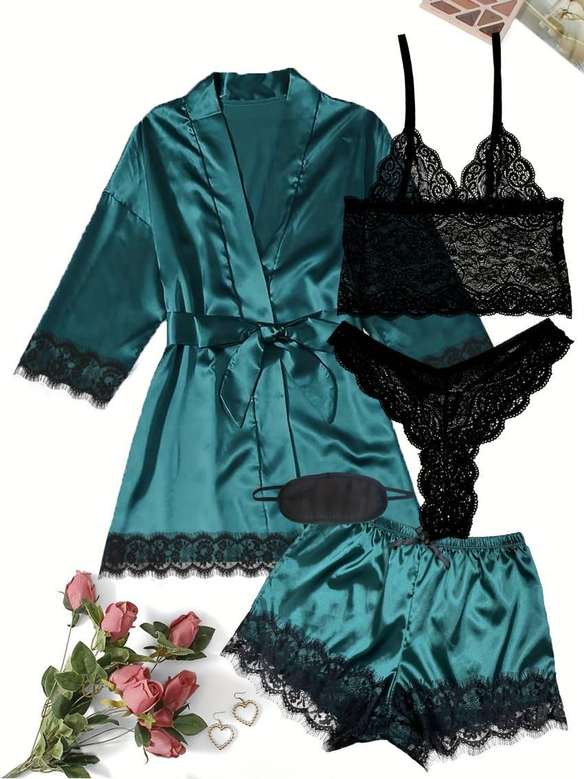 Luxurious Floral Lace Satin Lounge Set - Soft & Stylish Robe with Belt, V-Neck Cami, Thongs & Shorts - Womens Comfy Sleepwear for Chic Nighttime Glamour - Image 15