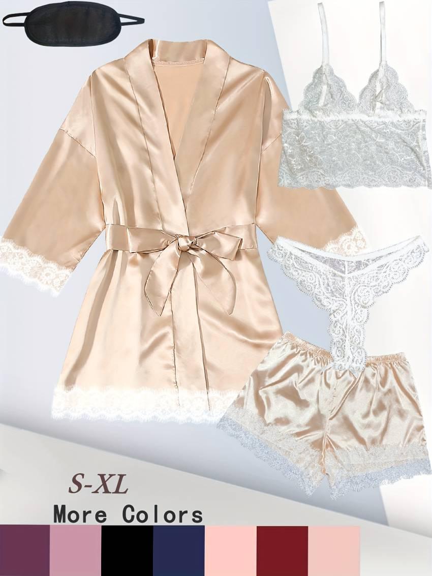 Luxurious Floral Lace Satin Lounge Set - Soft & Stylish Robe with Belt, V-Neck Cami, Thongs & Shorts - Womens Comfy Sleepwear for Chic Nighttime Glamour - Image 52