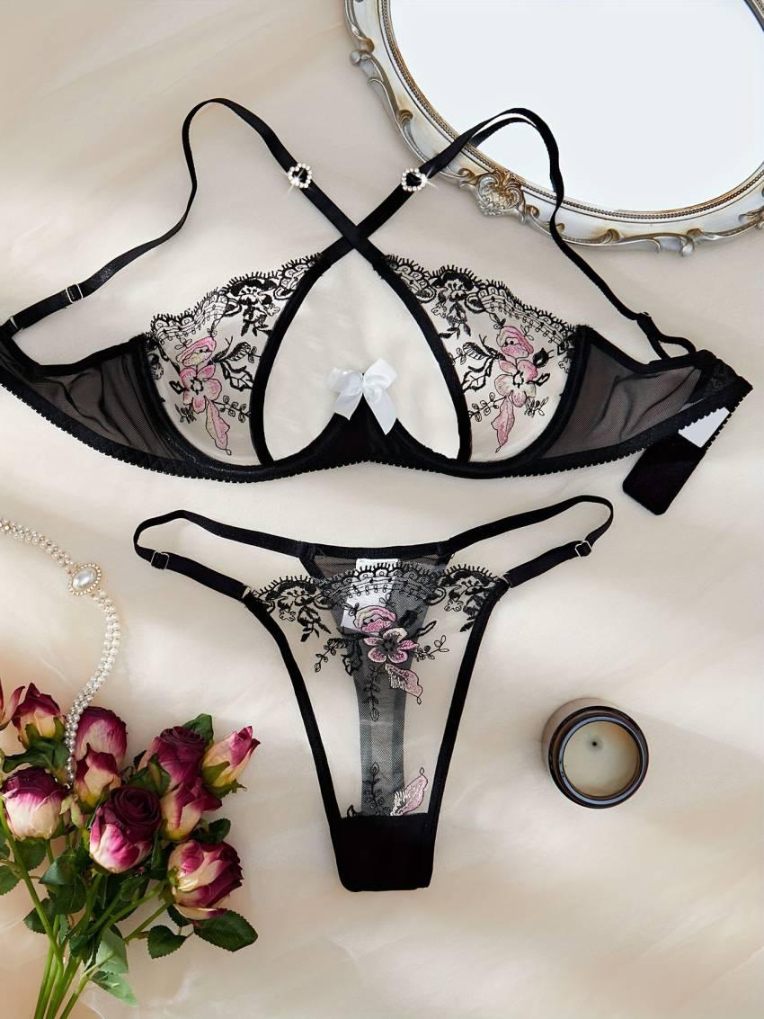 Sexy Lace Bra and Panty Set with Embroidery