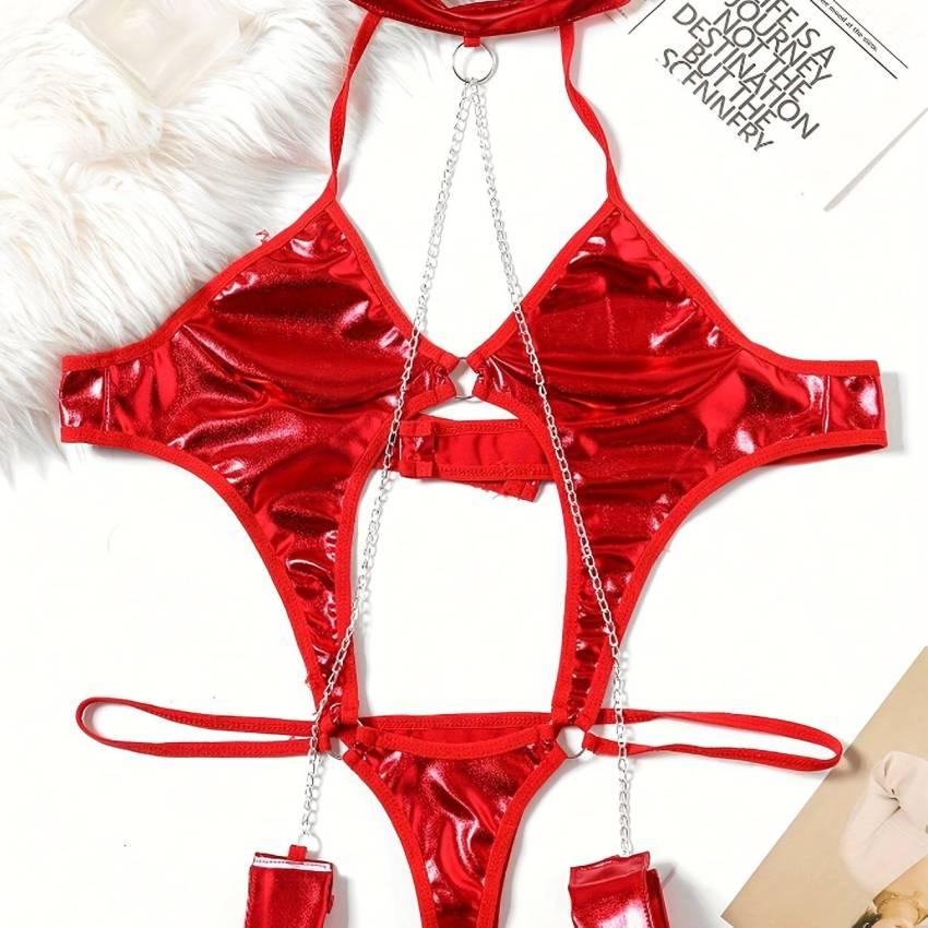 Classic Bondage Red Patent Leather Handcuff Bodysuit Costume - Adult, Sexy, Metal Chain Details, Solid Color, Knit Fabric, 1 Piece - Image 6