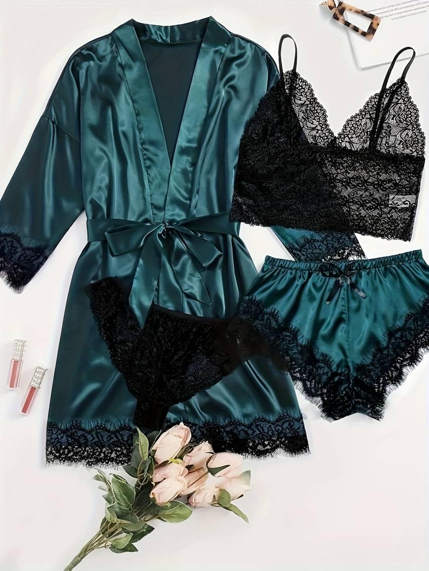 Three Quarter Sleeve Satin Elegant Lounge Set, Contrast Lace Robe With Belt, Cami Bra, Panty, and Elastic Shorts, Women's Loungewear - Image 29