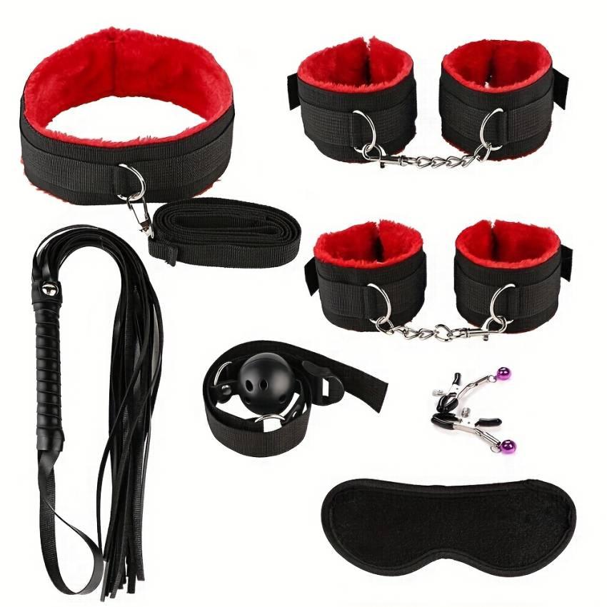 7pcs BDSM Bondage Couple Sex Handcuff Mouth Gag Nipple Clamp Whip Sexy Nylon Plush Adult Products Alternative Bundled Couple Flirting Adult Supplies - Image 9