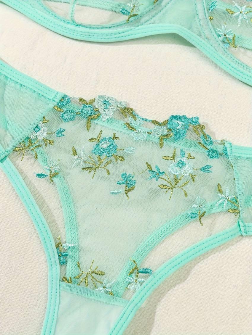 Floral Embroidery Lingerie Set, Mesh Unlined Bra & Mesh Panty, Women's Sexy Lingerie & Underwear - Image 24