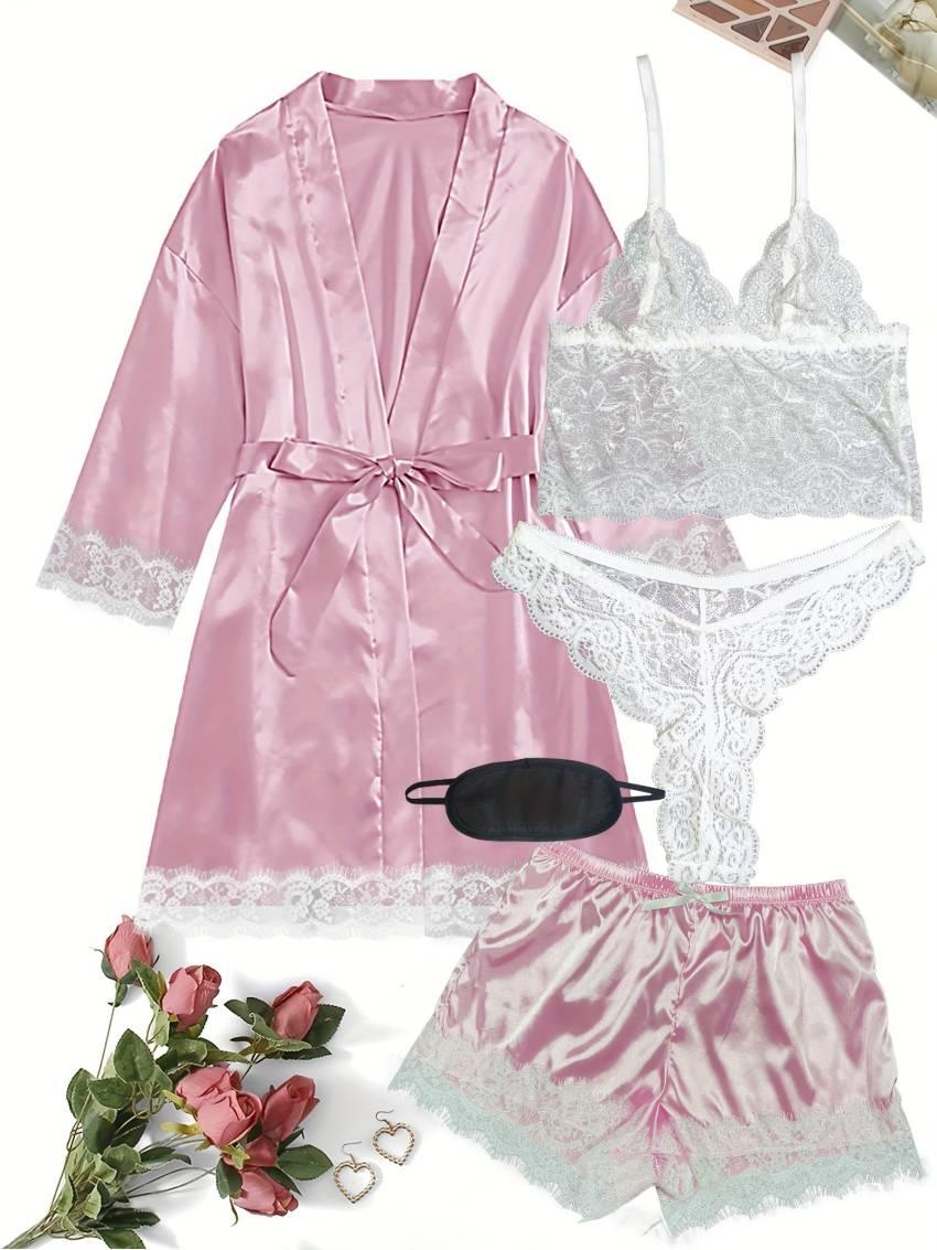 Luxurious Floral Lace Satin Lounge Set - Soft & Stylish Robe with Belt, V-Neck Cami, Thongs & Shorts - Womens Comfy Sleepwear for Chic Nighttime Glamour - Image 21