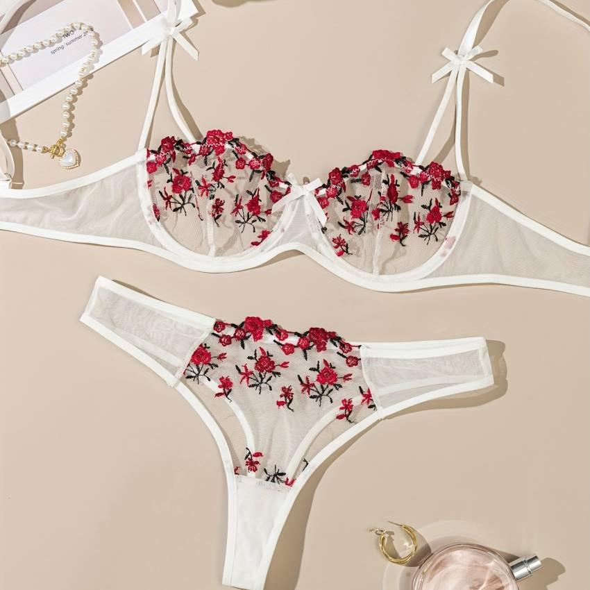 Floral Embroidery Lingerie Set, Mesh Unlined Bra & Mesh Panty, Women's Sexy Lingerie & Underwear - Image 39