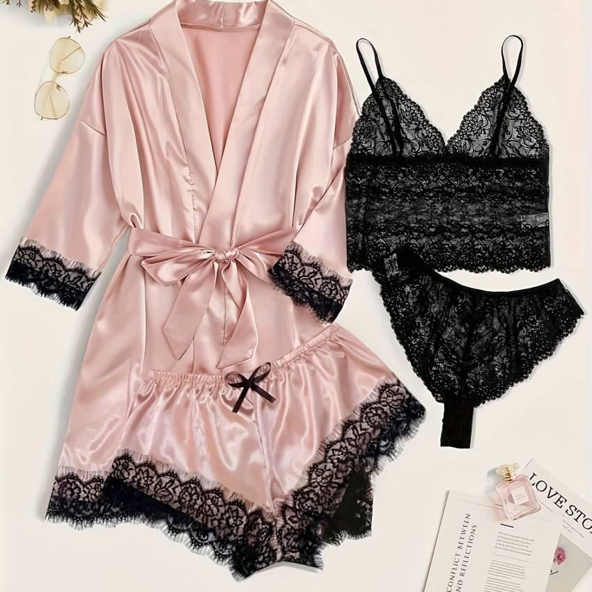 Three Quarter Sleeve Satin Elegant Lounge Set, Contrast Lace Robe With Belt, Cami Bra, Panty, and Elastic Shorts, Women's Loungewear - Image 42