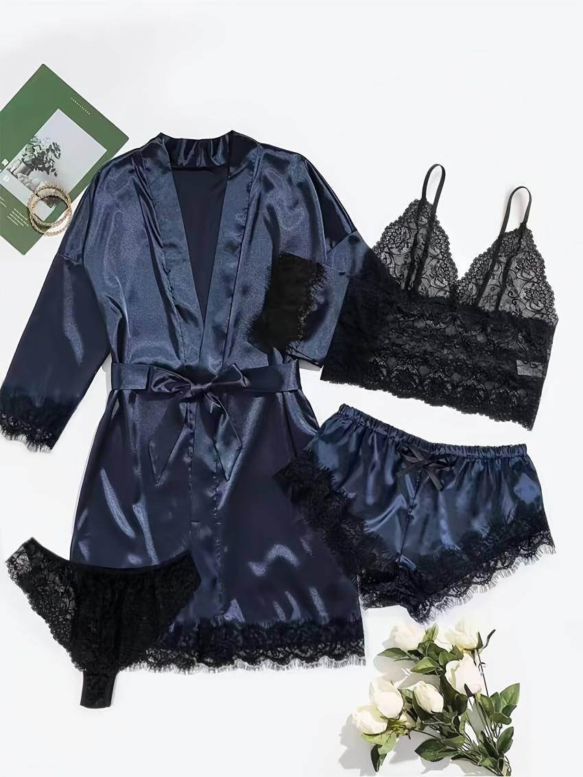 Three Quarter Sleeve Satin Elegant Lounge Set, Contrast Lace Robe With Belt, Cami Bra, Panty, and Elastic Shorts, Women's Loungewear - Image 34