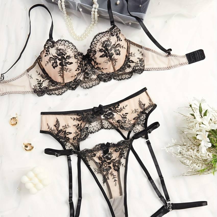 Exquisite Floral Embroidery Lingerie Set - Semi-Sheer, Bow-Adorned, Bra, Thong, and Garter Belt - Women's Sexy Intimates for a Sultry Night In - Image 13