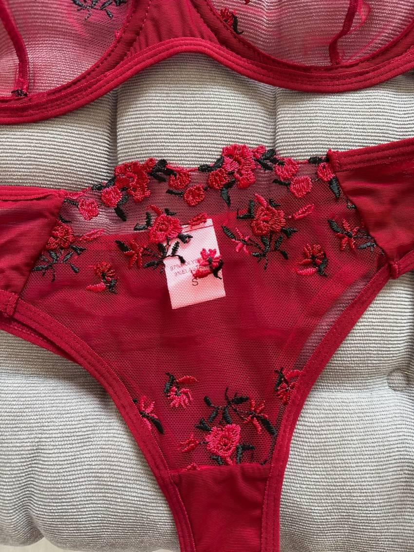 Floral Embroidery Lingerie Set, Mesh Unlined Bra & Mesh Panty, Women's Sexy Lingerie & Underwear - Image 14