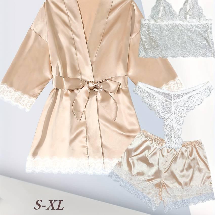 Luxurious Floral Lace Satin Lounge Set - Soft & Stylish Robe with Belt, V-Neck Cami, Thongs & Shorts - Womens Comfy Sleepwear for Chic Nighttime Glamour - Image 67