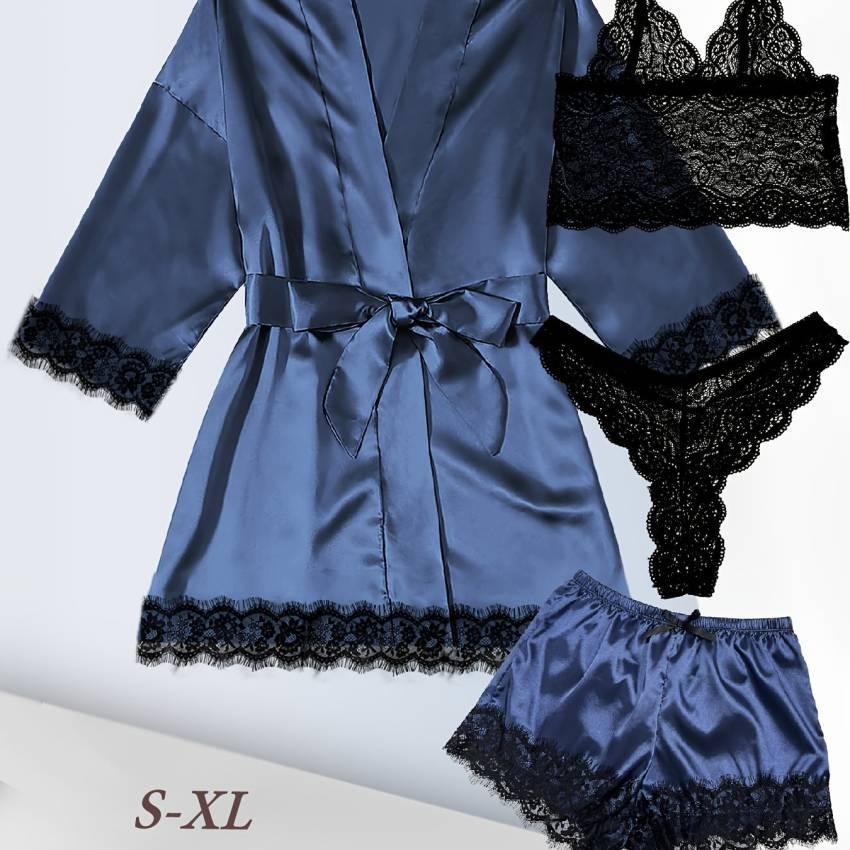 Luxurious Floral Lace Satin Lounge Set - Soft & Stylish Robe with Belt, V-Neck Cami, Thongs & Shorts - Womens Comfy Sleepwear for Chic Nighttime Glamour - Image 65