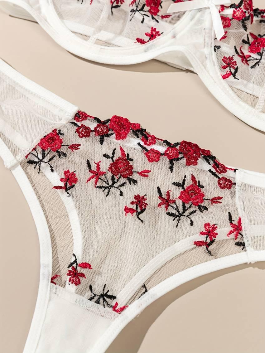 Floral Embroidery Lingerie Set, Mesh Unlined Bra & Mesh Panty, Women's Sexy Lingerie & Underwear - Image 30