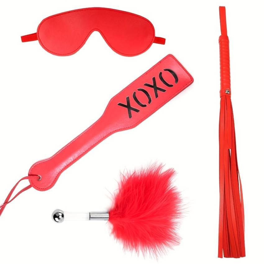 4pcs BDSM Faux Leather Training Kit: Flapping Paddle, Feather Teaser, SM Flogger, and Eye Mask for Sexy Flirting and Stimulating Play - Image 5