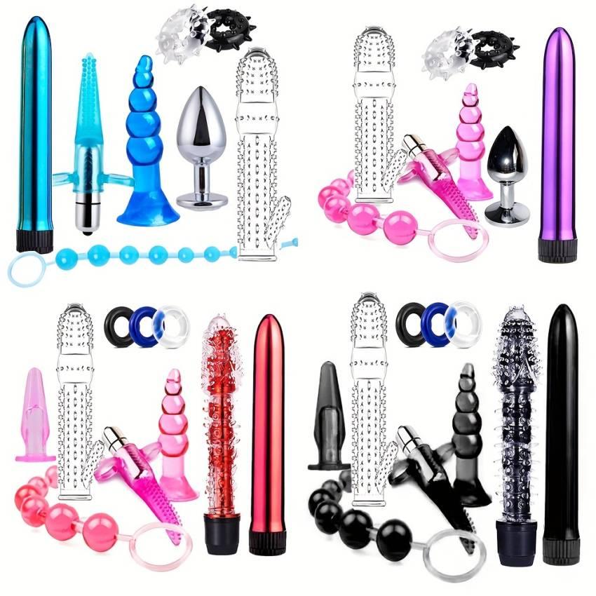 8/10pcs BDSM Kit: Vibrating Anal Plug, Penis Rings, Anal Beads, Dildo, Cock Ring, Adult Pleasure Erotic SM Supplies Set for Men and Women, Couple Flirting Sex Toy (Battery Not Included)