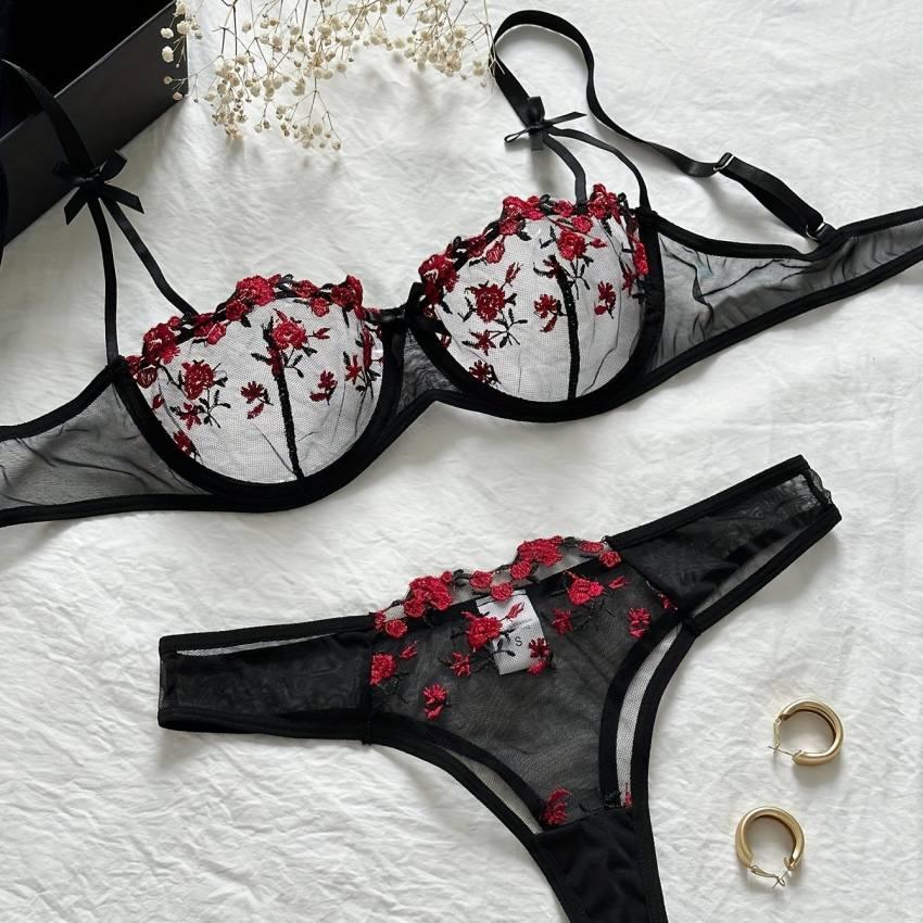 Floral Embroidery Lingerie Set, Mesh Unlined Bra & Mesh Panty, Women's Sexy Lingerie & Underwear - Image 34