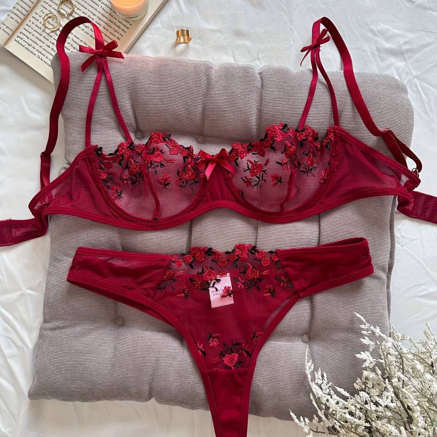 Floral Embroidery Lingerie Set, Mesh Unlined Bra & Mesh Panty, Women's Sexy Lingerie & Underwear - Image 36