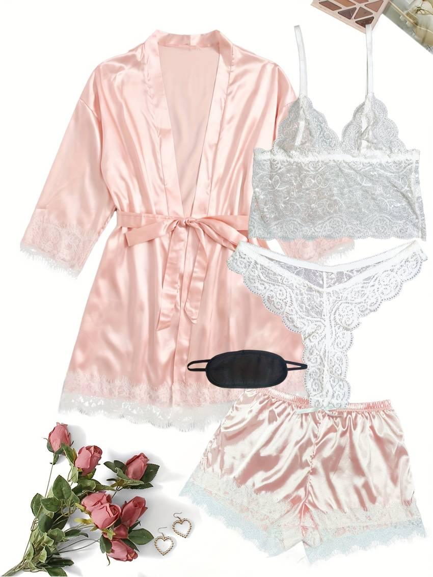 Luxurious Floral Lace Satin Lounge Set - Soft & Stylish Robe with Belt, V-Neck Cami, Thongs & Shorts - Womens Comfy Sleepwear for Chic Nighttime Glamour - Image 33