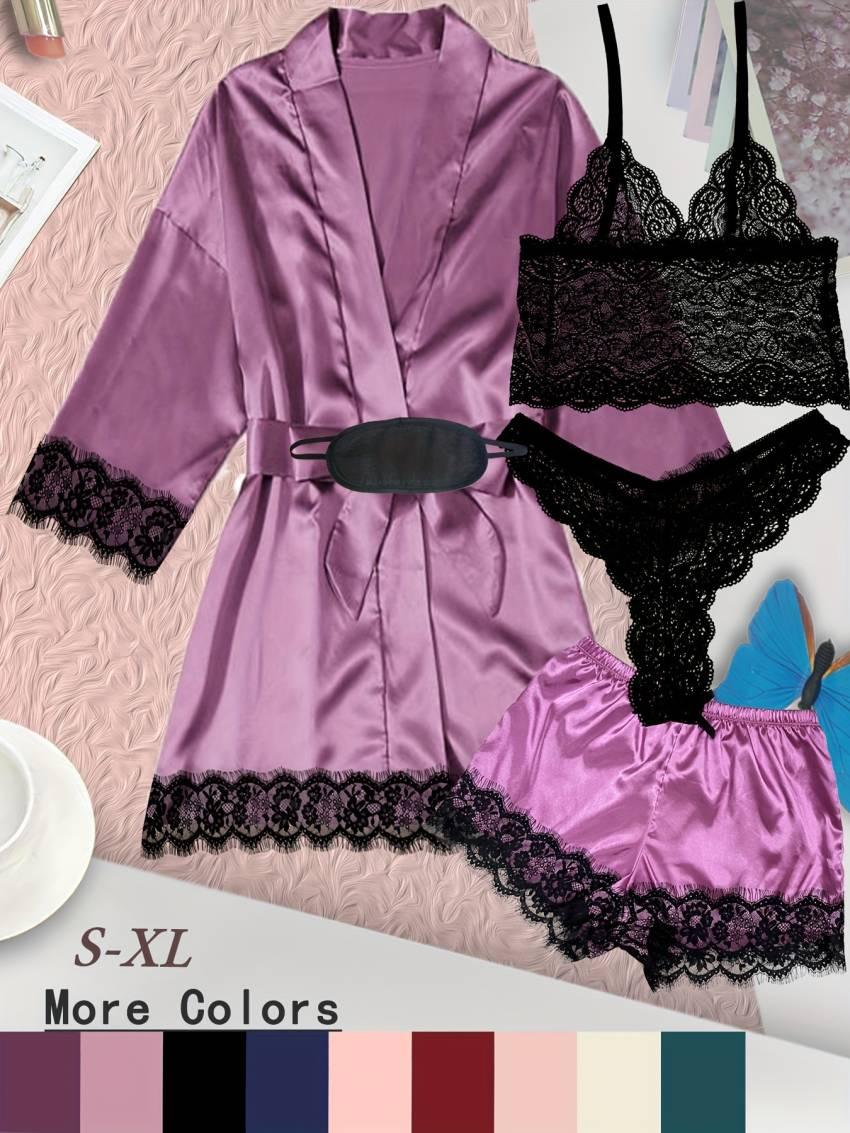 Luxurious Floral Lace Satin Lounge Set - Soft & Stylish Robe with Belt, V-Neck Cami, Thongs & Shorts - Womens Comfy Sleepwear for Chic Nighttime Glamour - Image 25