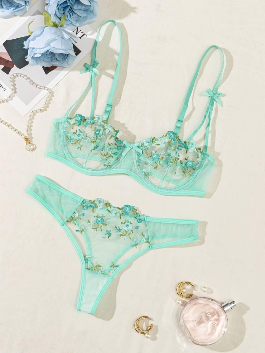 Floral Embroidery Lingerie Set, Mesh Unlined Bra & Mesh Panty, Women's Sexy Lingerie & Underwear - Image 27