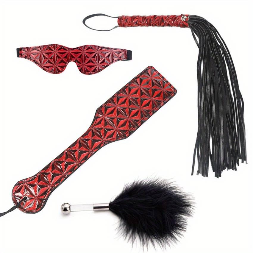 4pcs BDSM Faux Leather Training Kit: Flapping Paddle, Feather Teaser, SM Flogger, and Eye Mask for Sexy Flirting and Stimulating Play - Image 7